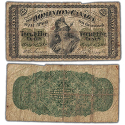 Composite view showing the front and back of an ungraded 1870 Dominion of Canada 25 Cents shinplaster note (Plain variety, DC-1c, Filler condition with pinholes/tears, Serial/SKU: SHIN0999).
