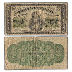 Composite view showing the front and back of an ungraded 1870 Dominion of Canada 25 Cents shinplaster note (Plain variety, DC-1c, Pinholes, Serial/SKU: SHIN918).