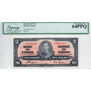 SOLD $2 1937 Bank of Canada Note Coyne-Towers B/R Prefix BC-22c - LGC UNC-64 PPQ