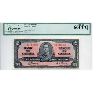 SOLD $2 1937 Bank of Canada Note Gordon-Towers E/B Prefix BC-22b - LGC UNC-66 PPQ