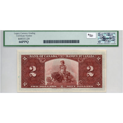 SOLD $2 1937 Bank of Canada Note Gordon-Towers E/B Prefix BC-22b - LGC UNC-66 PPQ