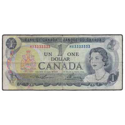 SOLD $1 1973 Bank of Canada Note MX Prefix Solid Serial 3333333