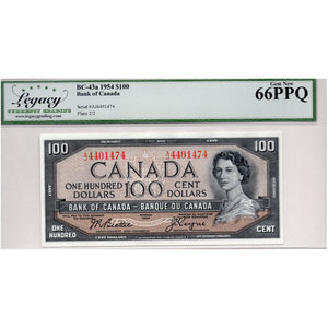 SOLD $100 1954 Bank of Canada Note Beattie-Coyne BC-43a - Legacy Gem UNC-66 PPQ