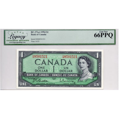 SOLD $1 1954 Bank of Canada Note H/M Changeover BC-37b-i - Legacy Gem UNC-66 PPQ