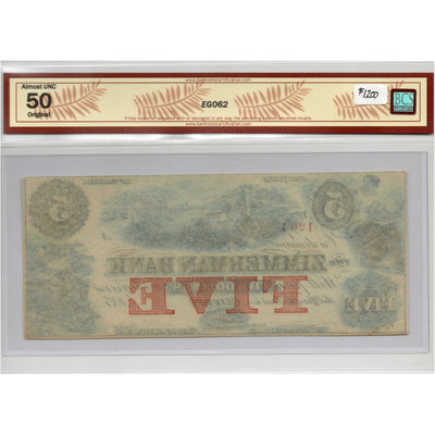SOLD $5 1850's Zimmerman Bank Canada Chartered Note #815-14-06R - BCS AU-50