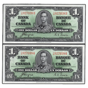 SOLD $1 1937 Bank of Canada Notes T/N Prefix BC-21d - 2 Consecutive Choice UNC