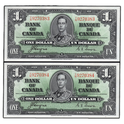 SOLD $1 1937 Bank of Canada Notes T/N Prefix BC-21d - 2 Consecutive Choice UNC