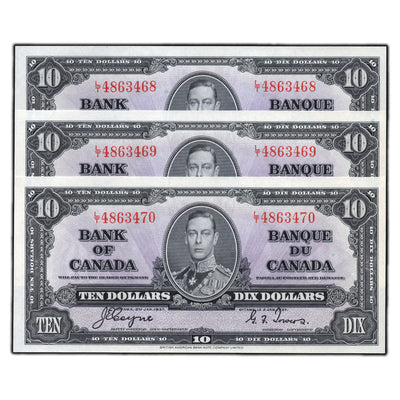 SOLD $10 1937 Bank of Canada Notes L/T Prefix BC-24c - 3 Consecutive Choice UNC