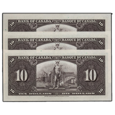 SOLD $10 1937 Bank of Canada Notes L/T Prefix BC-24c - 3 Consecutive Choice UNC