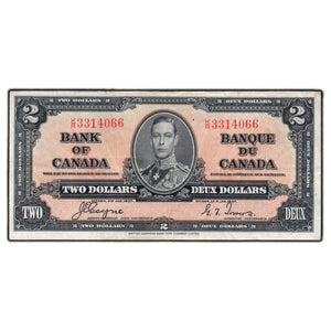 SOLD $2 1937 Bank of Canada Note Coyne-Towers K/R Prefix BC-22c - Very Fine