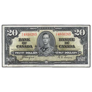 SOLD $20 1937 Bank of Canada Note H/E Changeover Prefix BC-25c - VF/EF