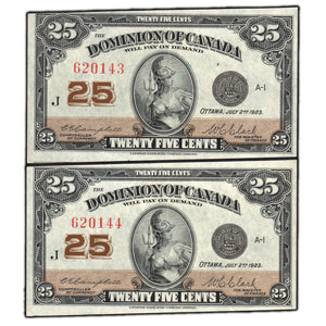 SOLD 25 Cents 1923 Dominion of Canada Shinplaster Notes DC-24d - 2 Consecutive EF+