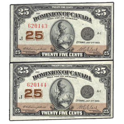 SOLD 25 Cents 1923 Dominion of Canada Shinplaster Notes DC-24d - 2 Consecutive EF+