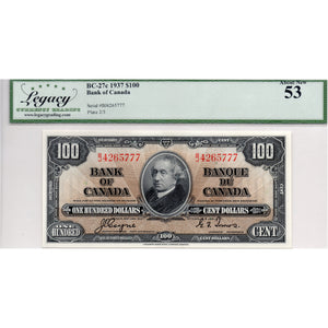 SOLD $100 1937 Bank of Canada Note Coyne-Towers BC-27c - Legacy AU-53