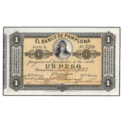 SOLD Colombia El Banco De Pamplona 1883 1 One Peso Note P-S711a - AU+