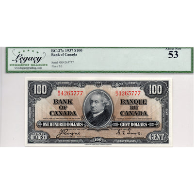 SOLD $100 1937 Bank of Canada Note Coyne-Towers BC-27c - Legacy AU-53