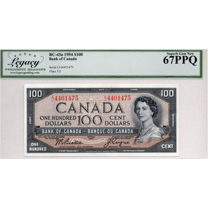 SOLD $100 1954 Bank of Canada Note Beattie-Coyne BC-43a - Legacy Gem UNC-67 PPQ