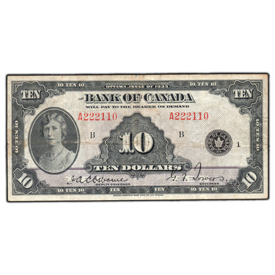 SOLD $10 1935 Bank of Canada Note English Text BC-7 - Fine