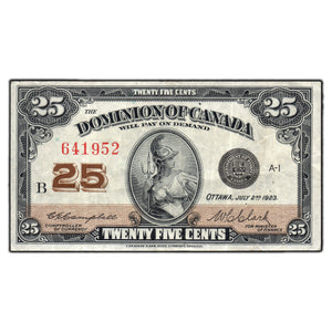 SOLD 25 Cents 1923 Dominion of Canada Shinplaster Note DC-24d - VF (pinholes)