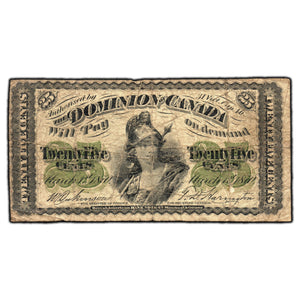 SOLD 25 Cents 1870 Dominion of Canada Shinplaster Note Plain DC-1c - VG