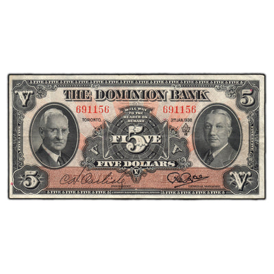 SOLD $5 1938 The Dominion Bank Canada Chartered Note CH#220-28-02 - Very Fine