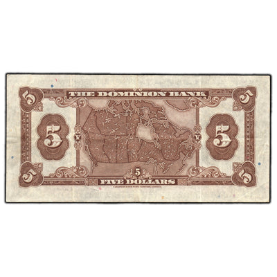 SOLD $5 1938 The Dominion Bank Canada Chartered Note CH#220-28-02 - Very Fine