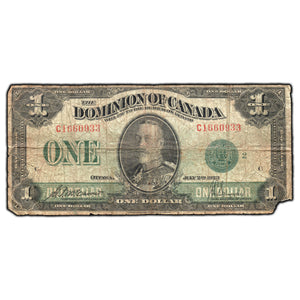 SOLD $1 1923 Dominion of Canada Note Green Seal Series C DC-25j - Missing Corner