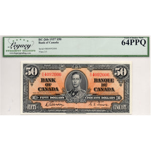 SOLD $50 1937 Bank of Canada Note Gordon-Towers B/H Prefix BC-26b - Legacy UNC-64 PPQ