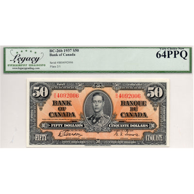 SOLD $50 1937 Bank of Canada Note Gordon-Towers B/H Prefix BC-26b - Legacy UNC-64 PPQ