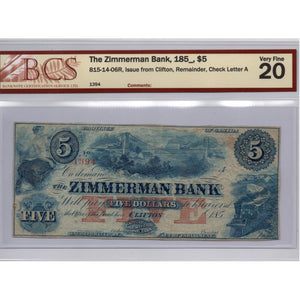 SOLD $5 1850's Zimmerman Bank Canada Chartered Note #815-14-06R - BCS VF-20