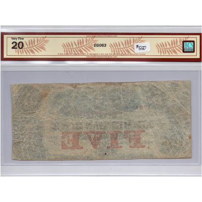 SOLD $5 1850's Zimmerman Bank Canada Chartered Note #815-14-06R - BCS VF-20