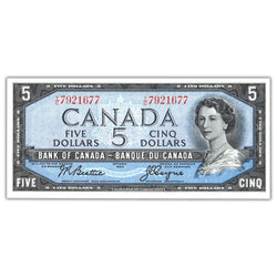 Front of an ungraded 1954 Bank of Canada $5 banknote (Beattie-Coyne signatures, Modified Portrait, Y/C prefix, BC-39a-i, Grade Choice UNC, Serial/SKU: Y/C 7921677), featuring a modified portrait of Queen Elizabeth II, blue border design, and serial number Y/C 7921677.