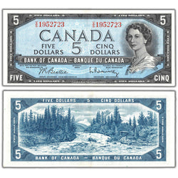 Composite view showing the front and back of an ungraded 1954 Bank of Canada $5 banknote (Beattie-Rasminsky signatures, Modified Portrait, V/S prefix, BC-39b, Grade EF+, Serial/SKU: V/S 1952723).