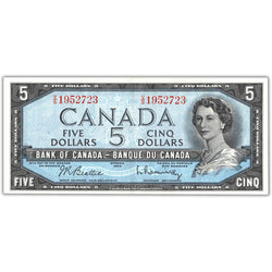Front of an ungraded 1954 Bank of Canada $5 banknote (Beattie-Rasminsky signatures, Modified Portrait, V/S prefix, BC-39b, Grade EF+, Serial/SKU: V/S 1952723), featuring a modified portrait of Queen Elizabeth II with highlights removed, blue border design, and serial number V/S 1952723.