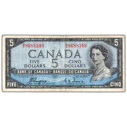 Front of an ungraded 1954 Bank of Canada $5 banknote (Devil's Face variety, B/C prefix, BC-31a, Grade VF with staple hole, Serial/SKU: B/C 8688349), featuring a portrait of Queen Elizabeth II with dark highlights in her hair, blue border design, and serial number B/C 8688349.