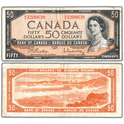 Composite view showing the front and back of an ungraded 1954 Bank of Canada $50 banknote (Beattie-Rasminsky signatures, Modified Portrait, B/H prefix, BC-42b, Circulated condition, Serial/SKU: B/H 3208638).