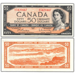 Composite view showing the front and back of an ungraded 1954 Bank of Canada $50 banknote (Beattie-Rasminsky signatures, Modified Portrait, B/H prefix, BC-42b, Grade EF, Serial/SKU: B/H 5420447).