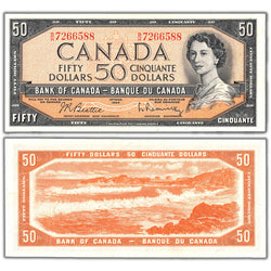 Composite view showing the front and back of an ungraded 1954 Bank of Canada $50 banknote (Beattie-Rasminsky signatures, Modified Portrait, B/H prefix, BC-42b, Grade EF, Serial/SKU: B/H 7266588).
