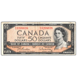Front of an ungraded 1954 Bank of Canada $50 banknote (Beattie-Rasminsky signatures, Modified Portrait, B/H prefix, BC-42b, Circulated condition, Serial/SKU: B/H 3208638), featuring a modified portrait of Queen Elizabeth II, orange-brown border design, and serial number B/H 3208638.