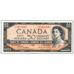 Front of an ungraded 1954 Bank of Canada $50 banknote (Beattie-Rasminsky signatures, Modified Portrait, B/H prefix, BC-42b, Grade EF, Serial/SKU: B/H 5420447), featuring a modified portrait of Queen Elizabeth II, orange-brown border design, and serial number B/H 5420447.