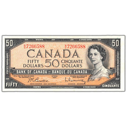 Front of an ungraded 1954 Bank of Canada $50 banknote (Beattie-Rasminsky signatures, Modified Portrait, B/H prefix, BC-42b, Grade EF, Serial/SKU: B/H 7266588), featuring a modified portrait of Queen Elizabeth II, orange-brown border design, and serial number B/H 7266588.