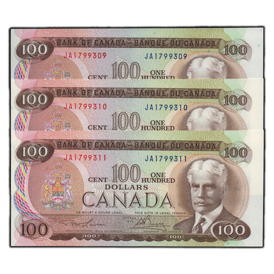 SOLD $100 1975 Bank of Canada Notes JA Prefix BC-52a - 3 Consecutive Choice UNC