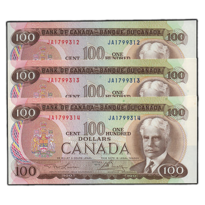 SOLD $100 1975 Bank of Canada Notes JA Prefix BC-52a - 3 Consecutive Choice UNC