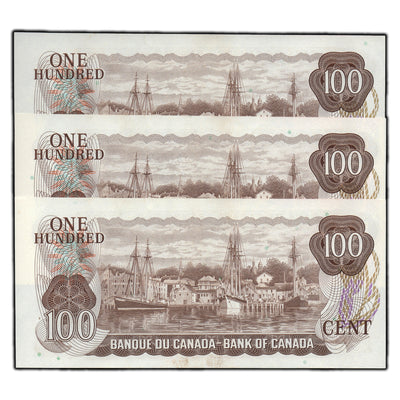 SOLD $100 1975 Bank of Canada Notes JA Prefix BC-52a - 3 Consecutive Choice UNC