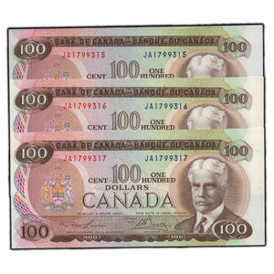 SOLD $100 1975 Bank of Canada Notes JA Prefix BC-52a - 3 Consecutive Choice UNC