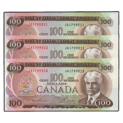 SOLD $100 1975 Bank of Canada Notes JA Prefix BC-52a - 3 Consecutive Choice UNC
