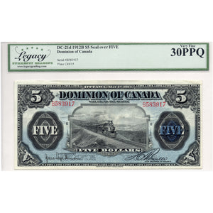 SOLD $5 1912 Dominion of Canada Train Note Seal over Five DC-21d - Legacy VF-30 PPQ
