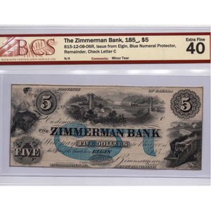 SOLD $5 1850's Zimmerman Bank Canada Chartered Note #815-12-14-06R - BCS EF-40