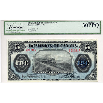 SOLD $5 1912 Dominion of Canada Train Note Seal over Five DC-21d - Legacy VF-30 PPQ