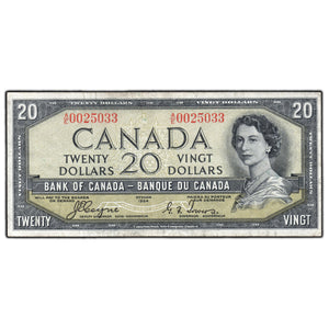 SOLD $20 1954 Bank of Canada Note Devil Face A/E Prefix BC-33a - F/VF
